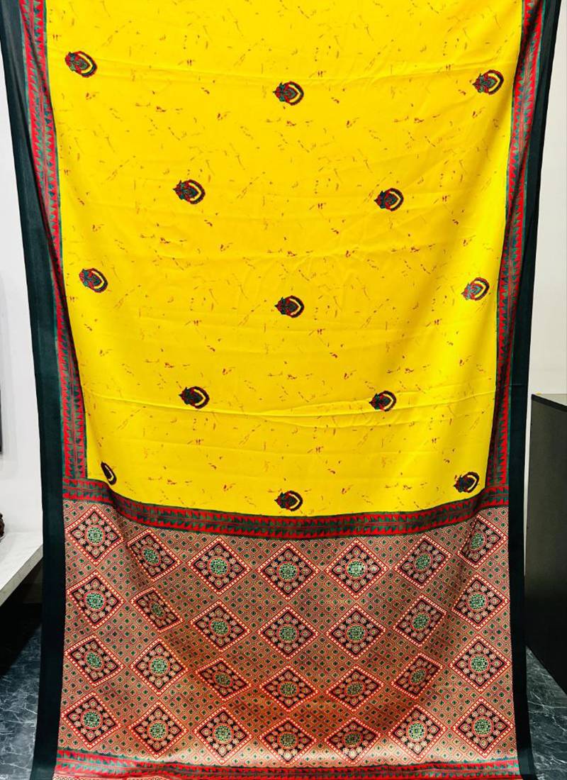 Yellow japan satin saree with digital print blouse