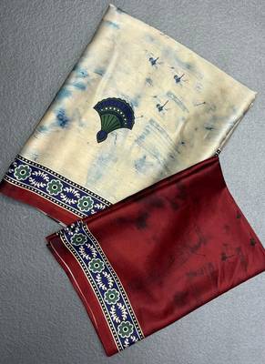 Off white japan satin saree with digital print blouse 1