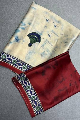 Off white japan satin saree with digital print blouse