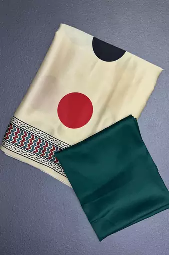 Off white japan satin saree with digital print blouse