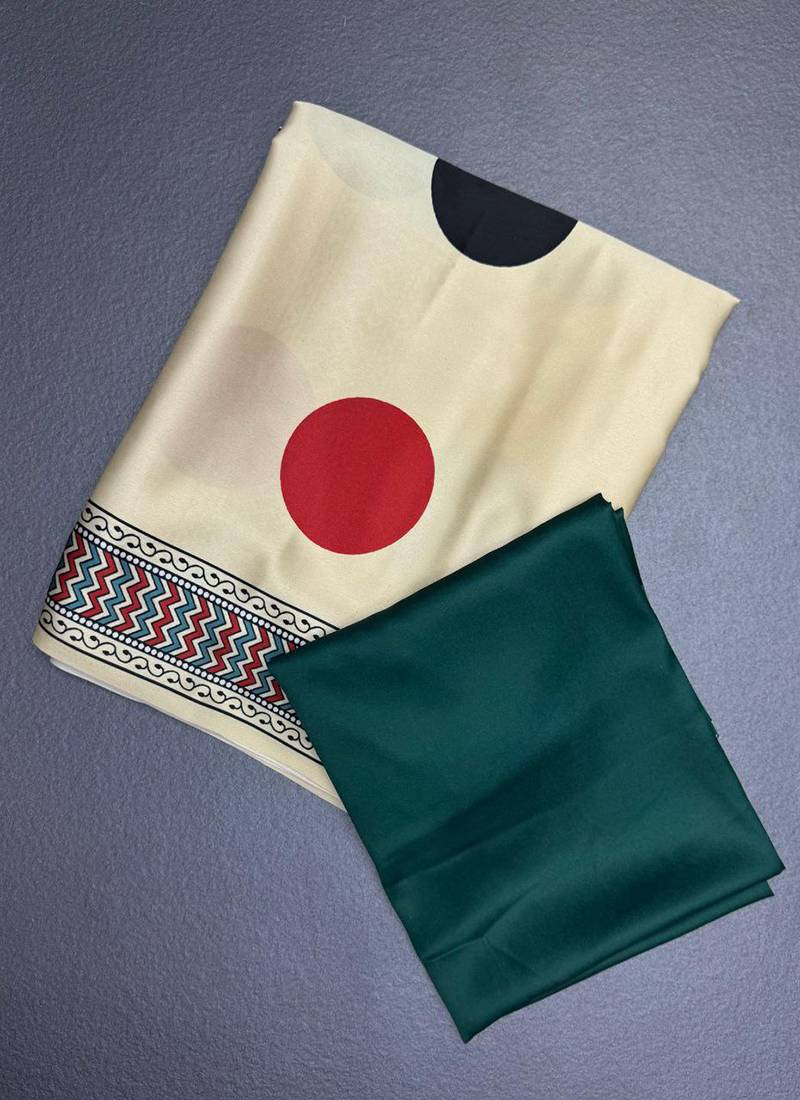 Off white japan satin saree with digital print blouse