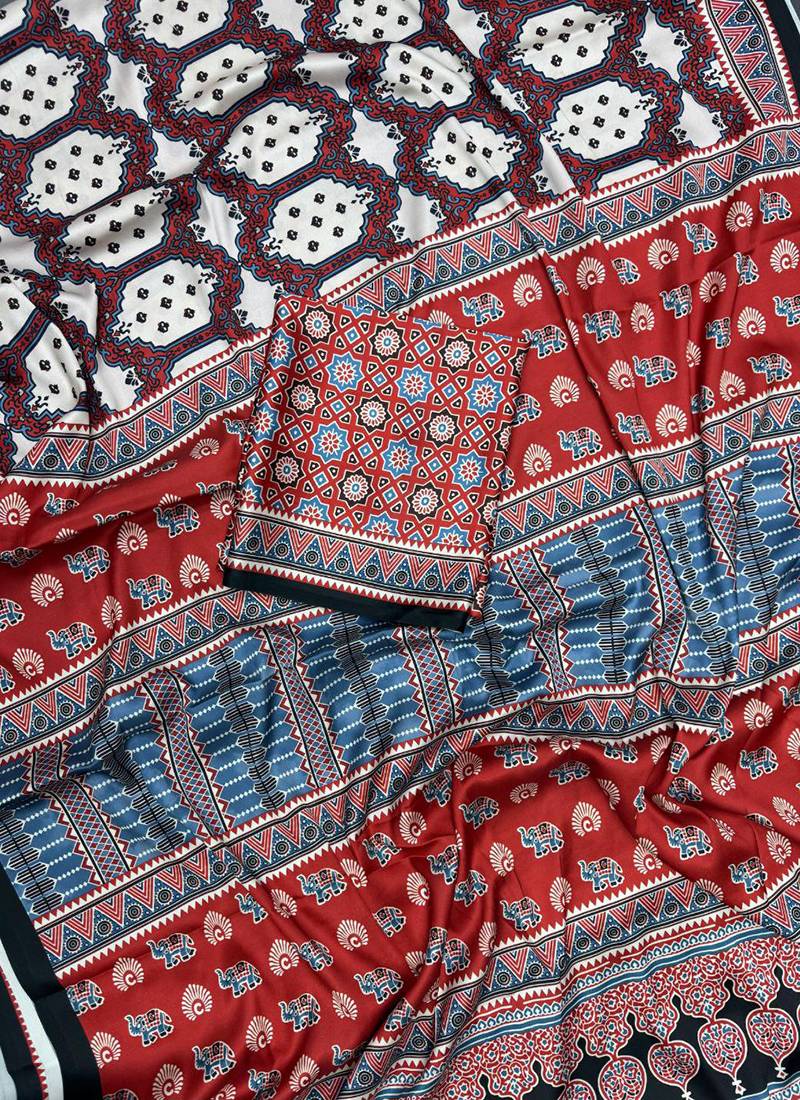 Multicolor japan satin saree with digital print blouse