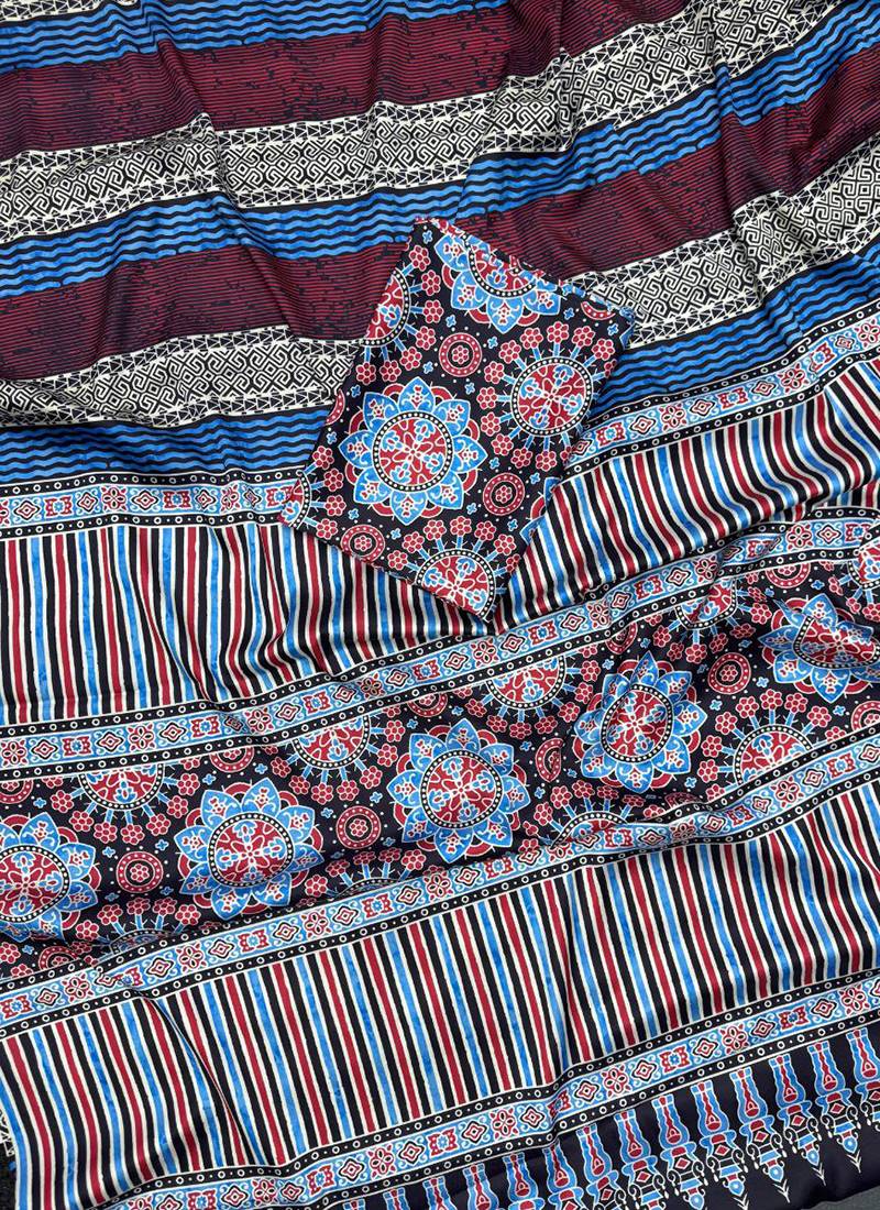 Multicolor japan satin saree with digital print blouse