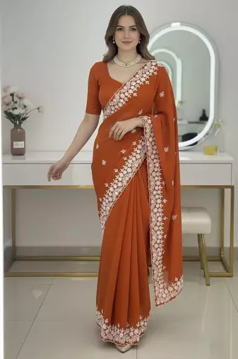 Orange Floral Embroidered Designer Saree for Women