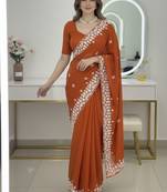 Orange Floral Embroidered Designer Saree for Women