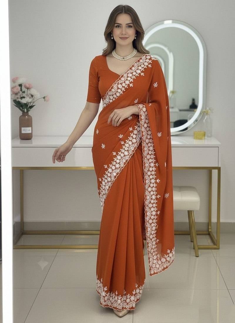 Orange Floral Embroidered Designer Saree for Women