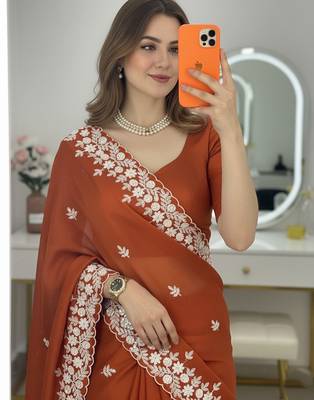 Orange Floral Embroidered Designer Saree for Women 2