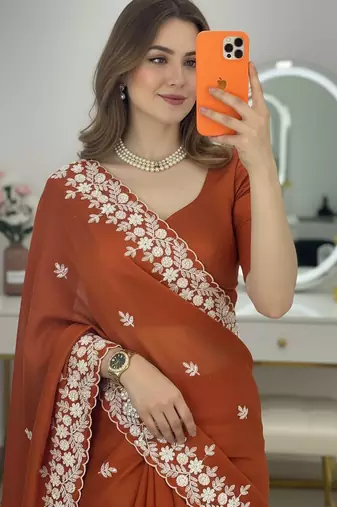 Orange Floral Embroidered Designer Saree for Women