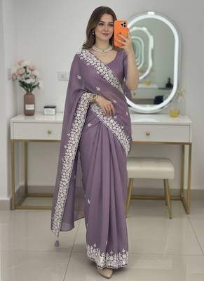 Lavender Floral Embroidered Designer Saree for Women 1