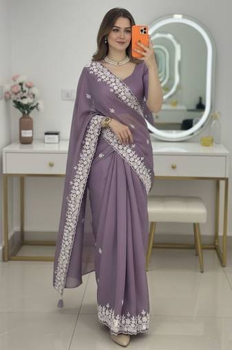 Lavender Floral Embroidered Designer Saree for Women