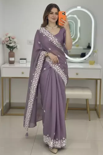 Lavender Floral Embroidered Designer Saree for Women