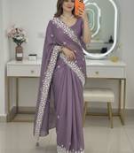 Lavender Floral Embroidered Designer Saree for Women