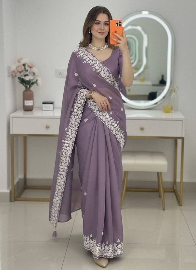 Lavender Floral Embroidered Designer Saree for Women