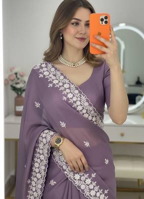 Lavender Floral Embroidered Designer Saree for Women 2