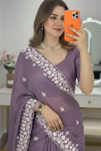Lavender Floral Embroidered Designer Saree for Women