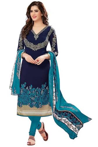 Navy blue crepe printed unstitched dress material