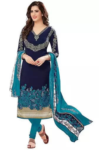 Navy blue crepe printed unstitched dress material