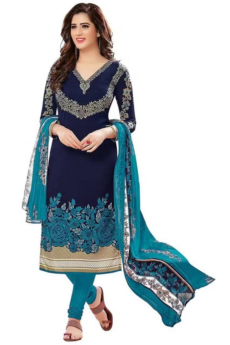 Navy blue crepe printed unstitched dress material