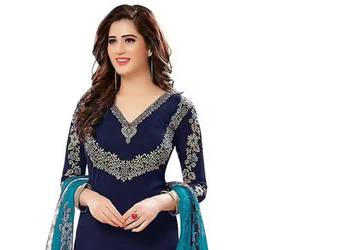 Navy blue crepe printed unstitched dress material 2