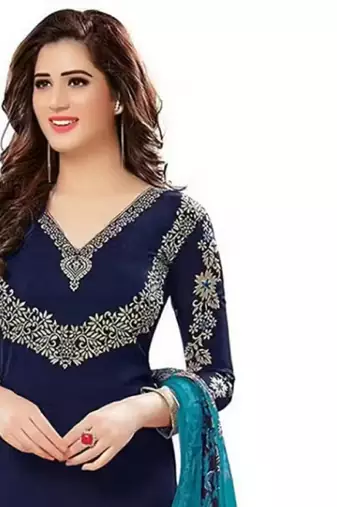Navy blue crepe printed unstitched dress material