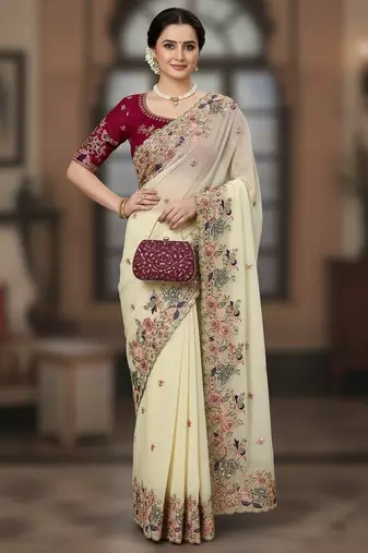 Cream Floral Embroidered Designer Saree for Women