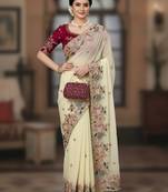 Cream Floral Embroidered Designer Saree for Women