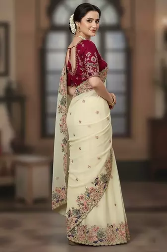 Cream Floral Embroidered Designer Saree for Women