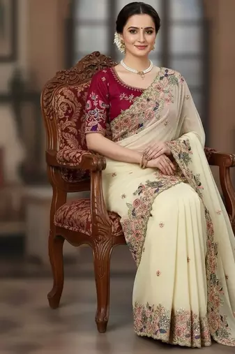 Cream Floral Embroidered Designer Saree for Women