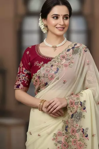 Cream Floral Embroidered Designer Saree for Women