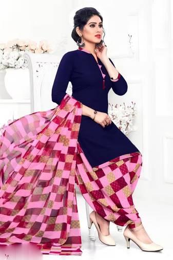 Navy blue crepe printed unstitched dress material