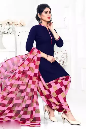 Navy blue crepe printed unstitched dress material