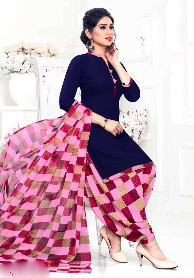 Navy blue crepe printed unstitched dress material