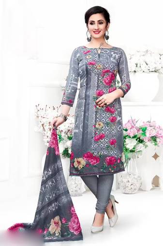 Grey crepe printed unstitched dress material