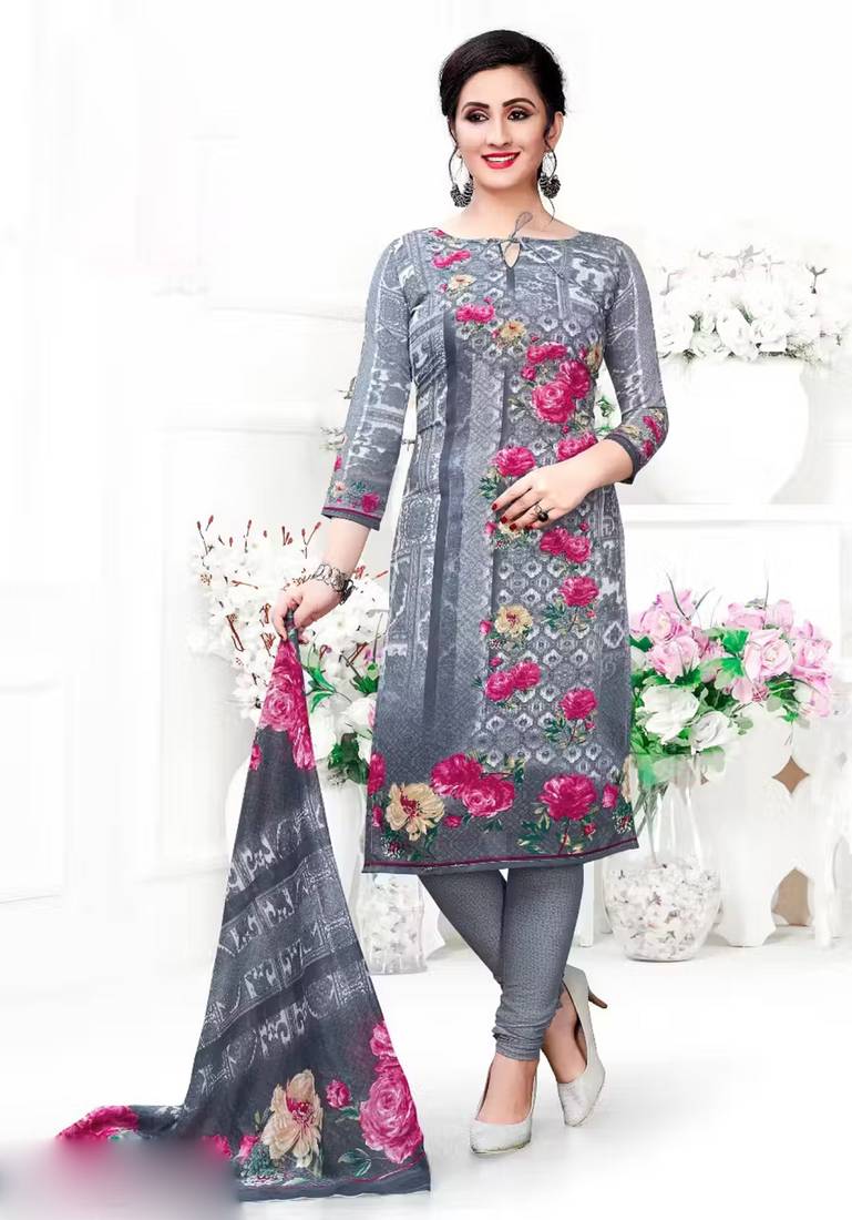 Grey crepe printed unstitched dress material