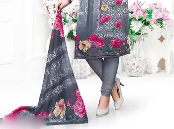 Grey crepe printed unstitched dress material 3