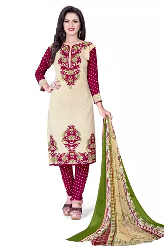 Beige crepe printed unstitched dress material