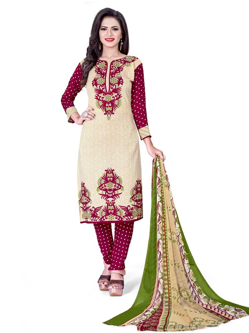 Beige crepe printed unstitched dress material