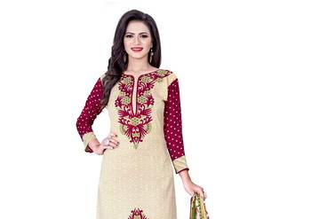 Beige crepe printed unstitched dress material 2