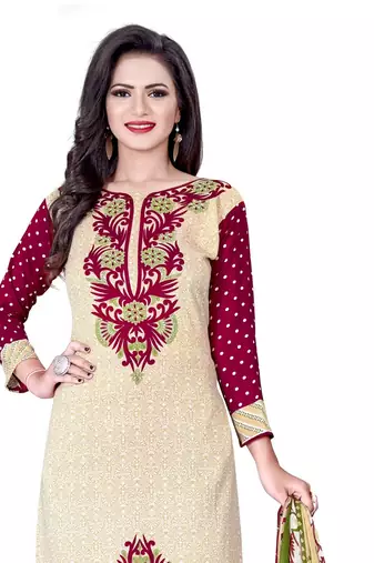 Beige crepe printed unstitched dress material