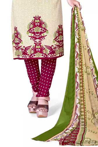 Beige crepe printed unstitched dress material