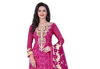 Magenta crepe printed unstitched dress material 2