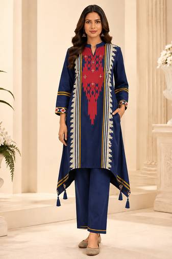 teal blue cotton printed kurta set with hand diamond work