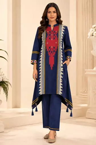 teal blue cotton printed kurta set with hand diamond work
