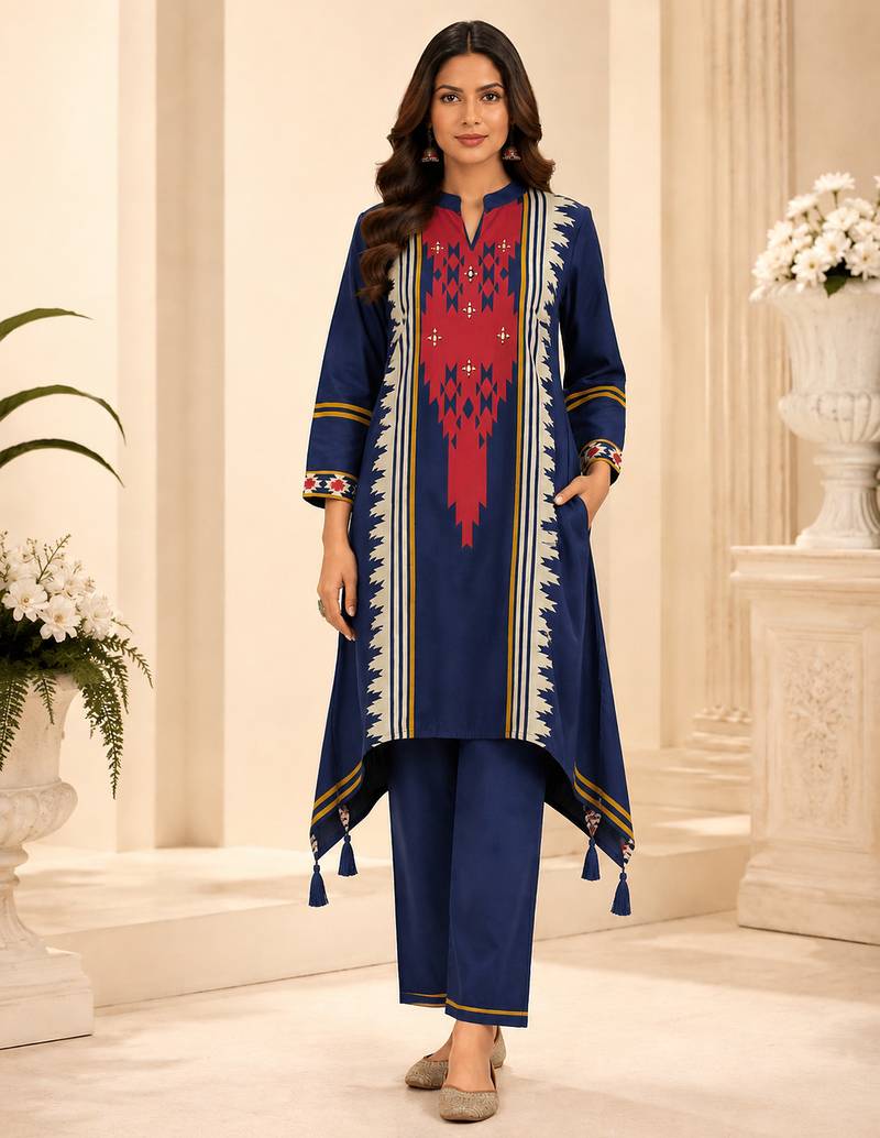 teal blue cotton printed kurta set with hand diamond work