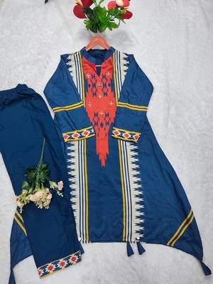 teal blue cotton printed kurta set with hand diamond work 2