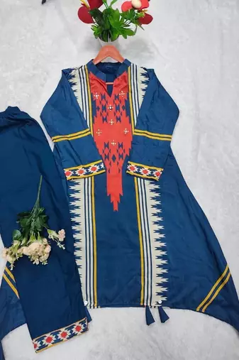 teal blue cotton printed kurta set with hand diamond work