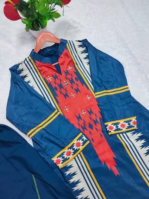 teal blue cotton printed kurta set with hand diamond work 3