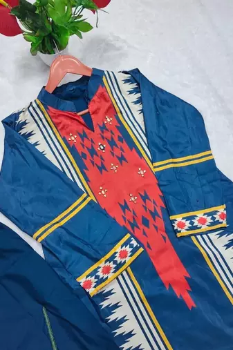 teal blue cotton printed kurta set with hand diamond work