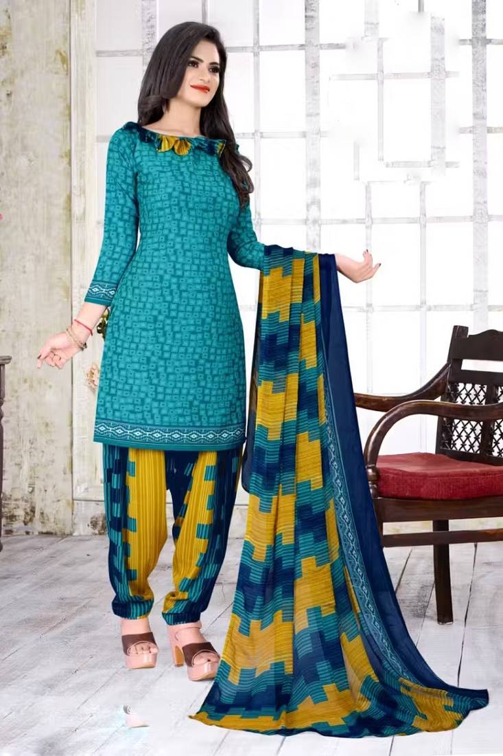 Tarquoise crepe printed unstitched dress material