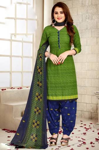 Parrot green crepe printed unstitched dress material